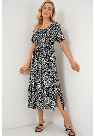 Kare Yaka Prenses Kol Önü Gipeli Yanları Yırtmaçlı Çiçek Desenli %100 Pamuk Midi Boy Viskon Elbise Siyah