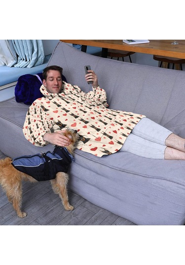 Doberman Desenli Giyilebilir Battaniye Hoodie, Unisex, Kalın, Cepli-a3 Doberman Heart Layered