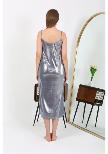 Giyim Kadın İp Askılı Uzun Parlak Micro Elbise Gecelik Gri Gri