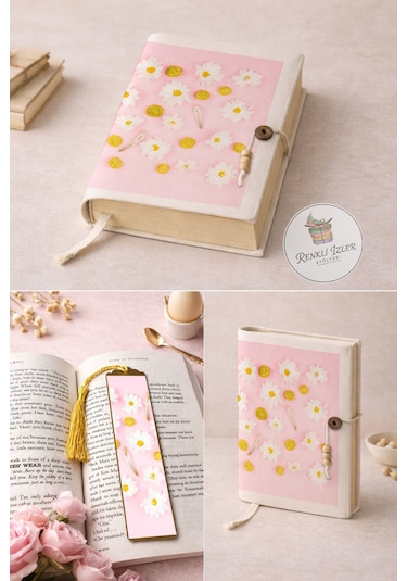 Kitap Kılıfı Ve Metal Kitap Ayracı Seti Pembe Papatya