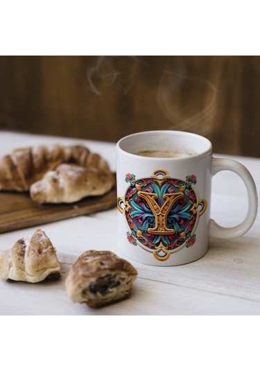 Y Harfi Boho Bardak, Renkli Özel Tasarım Hediyelik Harfli Kupa, 330ml Porselen Beyaz