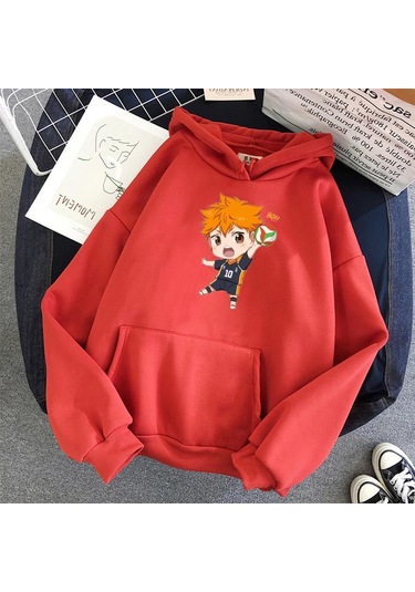 Kadın Moda Voleybol Manga Haikyuu Kapşonlu Harajuku Kawaii Kazak Sweatshirt Karikatür Baskı Anime Estetik Kapşonlu Sokak Giyimi Üst Kırmızı