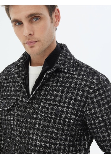 Kip Siyah Kareli Regular Fit Dokuma Yün Karışımlı Overshırt Siyah