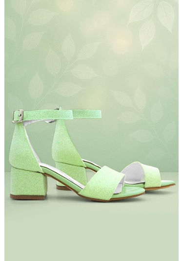 Lilo Simli Yeşil Tek Bantlı Kız Çocuk Topuklu Abiye Ayakkabı Yeşil