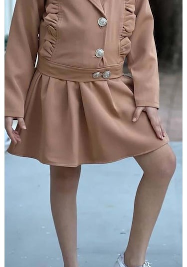 Riccotarz Kız Çocuk Gümüş Düğme Ve Fırfır Detaylı Kahverengi Ceket Etekli Takım 001