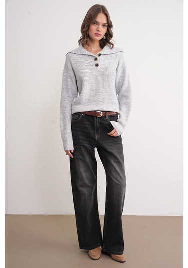 6900 Kadın Düğmeli Devrik Yaka Triko Kazak Gri Gri