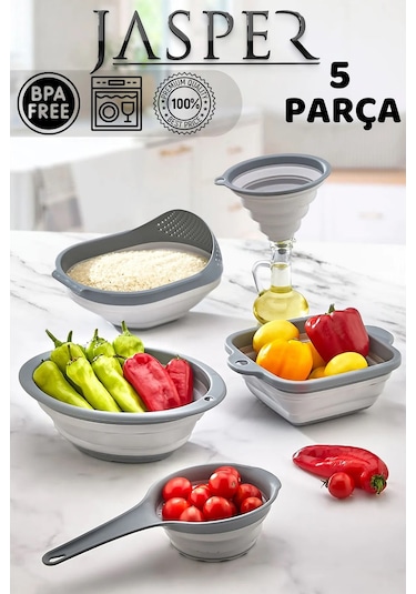 Jasper Jpr-0108 5'li Akordiyon Katlanır Süzgeç Mutfak Çeyiz Seti Gri
