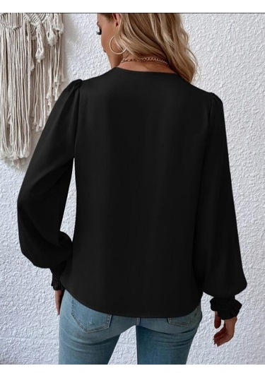 Modasize Kadın Uzun Kollu Dökümlü Kruvaze Yaka Kol Ucu Gipeli Sandy Bluz Siyah
