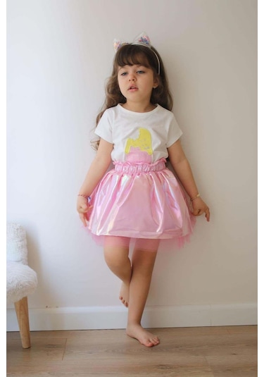 Kız Çocuk Mickey Ve Dondurma Desenli Kısa Kol Pamuk Etekli Takım Pembe