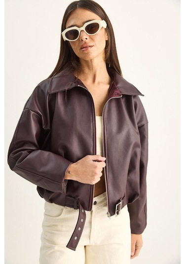 Oversize Tokalı Deri Ceket 3137 60284058 - Bordo