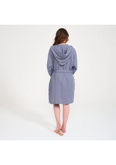 Pamuklu Kısa Kapüşonlu Müslin Kadın Bornoz Antrasit