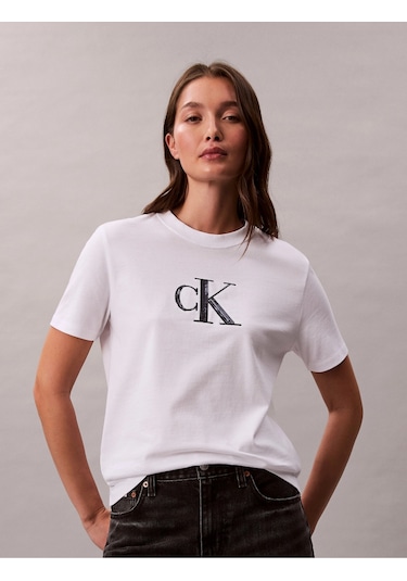 Calvin Klein Kısa Kollu Payetli Ck Grafikli Kadın Beyaz T-shirt Lv044e215g-yaa Beyaz