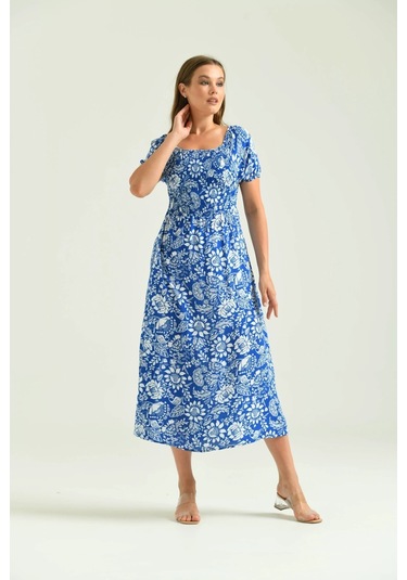 Kadın Saks Kare Yaka Desenli Elbise 001