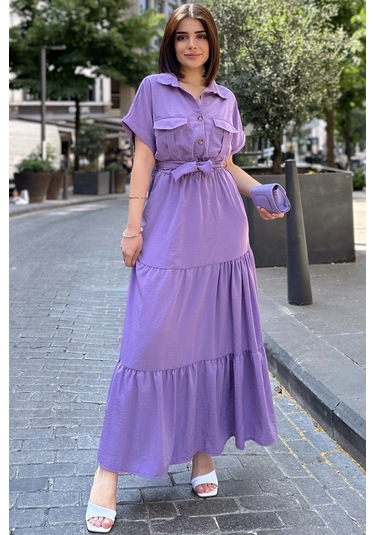 Mor Kısa Kol, Airobin Kumaş, Yarım Patlı, Kemerli/kuşaklı, Eteği Pliseli, Cepli Maxi Uzun Elbise Mor