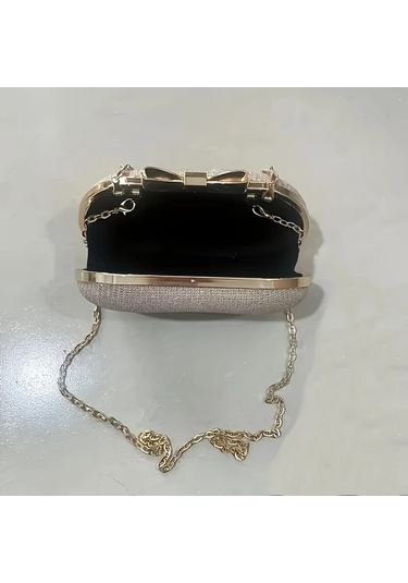 Willowhaven Siyah Parlak Klaket Çanta Kadın Gece Çantası Dayanıklı Altın Zincirli Siyah