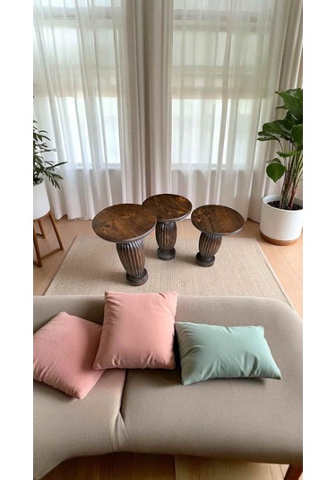 Ceviz Renkli Ahşap Mantar Sehpa Seti 3 Lü Zigon Sehpa Takımı