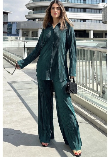 Kadın Zümrüt Yeşil Uzun Tunik Gömlek & Beli Lastikli, Bol Paça Pantolon - Salaş Bürümcük Takım Zümrüt Yeşili