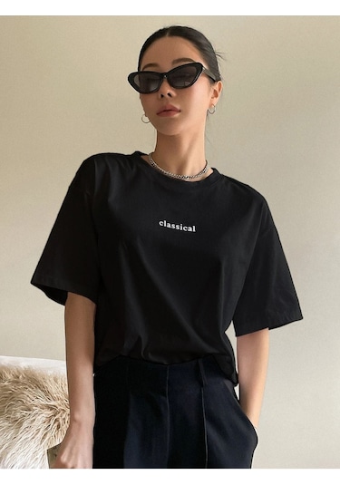 Kadın Siyah Oversize Classical Baskılı Örme T-shirt Siyah