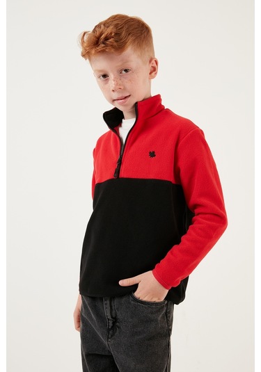 Lela Yumuşak Dokulu Yarım Fermuarlı Renk Bloklu Dik Yaka Unisex Çocuk Polar 5905004 Kırmızı-Siyah