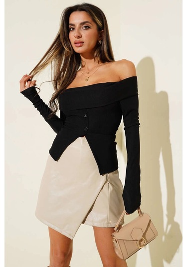 Madonna Yaka Düğmeli Bluz Siyah T4329 Siyah