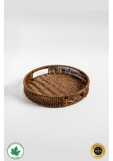 Yuvarlak Hasır Tepsi, Kulplu Sunum Tepsisi, Servis Tepsisi, Kahve Tepsisi, Keyif Tepsisi, Modern Hasır Tepsi - 25 Cm Kahverengi