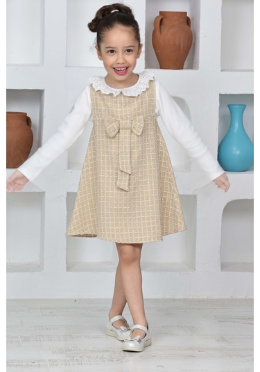 Kız Çocuk Şanel Kumaş 2'li Elbise Elbise+bady Bluz 12174 KREM