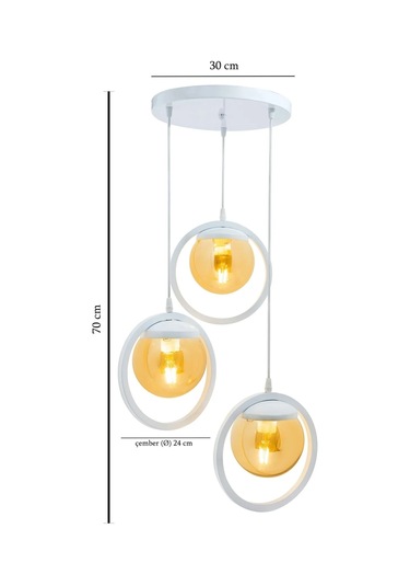 Halka 3 Lu Tepsi Glop Bal Rengi Camlı Beyaz Avize. Salon, Mutfak, Beyaz