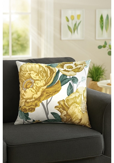 Duck Çiçekli Kırlent Kılıfı Sarı Yeşil 40x40 Sarı-Yeşil