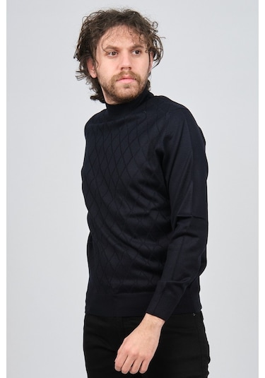 Pave Erkek Yarım Balıkçı Baklava Desenli Yün Kazak 4537220 Lacive Lacivert