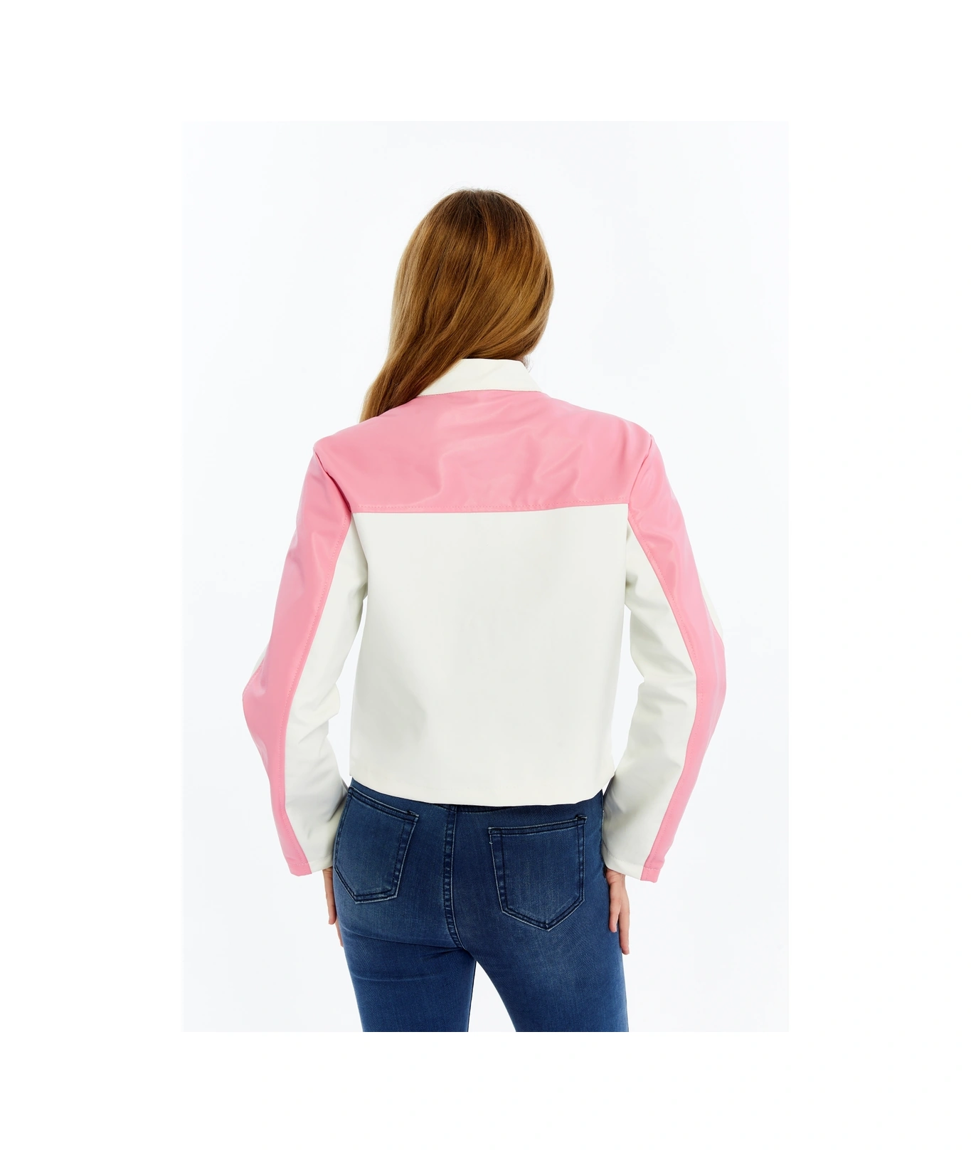 Kadın Şeritli Deri Ceket Günlük Kullanım Niş Özgün Tasarım Mont Fermuarlı Standart Bomber Ceket Beyaz