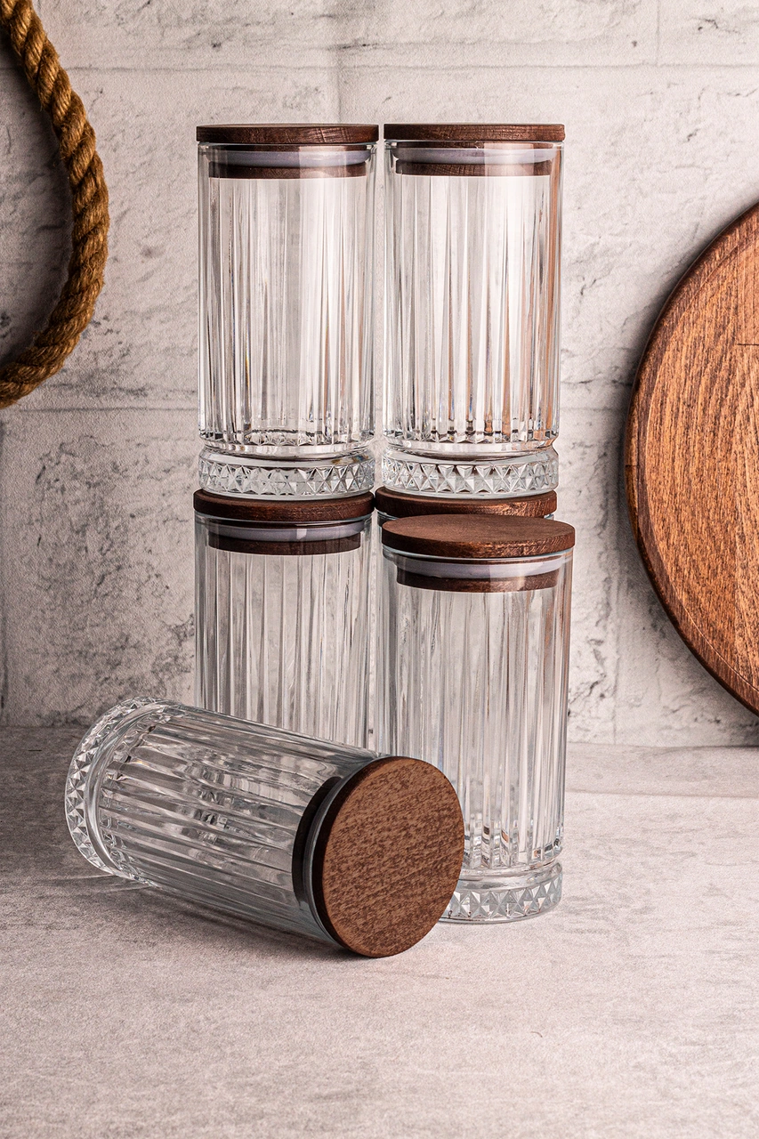 Mira 6'lı Ahşap Vakumlu Kapaklı Cam Saklama Kabı 450 Ml 6 Adet Ahşap