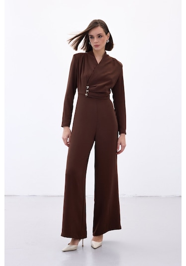 Sateen Fiyonk Aksesuarlı Krep Tulum - Kahve-136701 Kahve