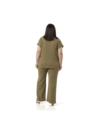 Büyük Beden Düşük Kollu Bluz Pantolon Haki İkili Takım Haki