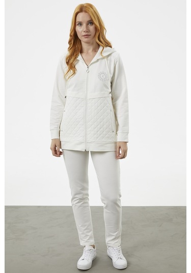 Kapüşonlu Kapitone Detaylı Eşofman Takım - Ekru 001