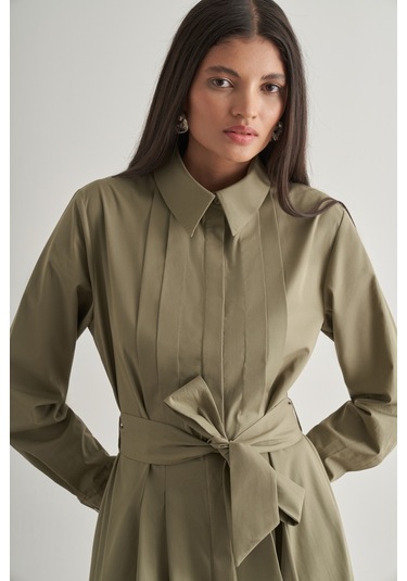 Mizalle Premium Saf Pamuk Haki Piliseli Uzun Elbise Haki