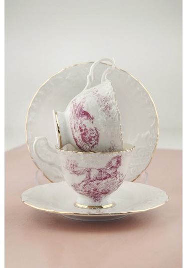 Altın Yaldızlı Gül Kurusu İngiliz Desen 2 Kişilik Kahve Fincan Takımı Beyaz