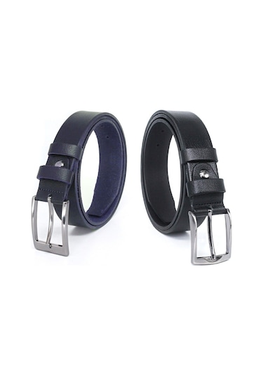 3,5cm Siyah - Lacivert 2'li %100 Manda Derisi Erkek Klasik Kemer Siyah - Lacivert
