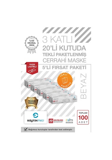SaytekMed Tek Tek Steril Paketli, Meltblown Filtreli, 3 Katlı Beyaz Maske (5 Kutu/100 Adet)