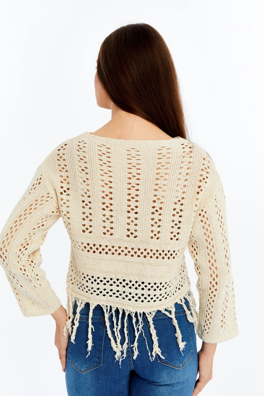 Kadın Örgü Bohem Püsküllü Crop Bluz Bej Delikli Yazlık Triko Üst Beyaz