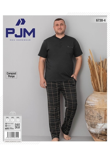 Pijamoni Erkek Battal Düğme Yaka Penye Kısa Kol Pijama Takımı 6730/4 - 1 Adet Siyah