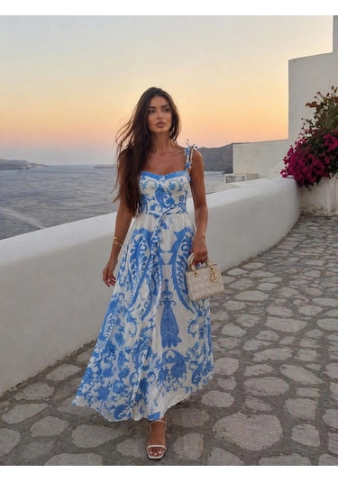 Asprinfashion Askılı Çiçek Uclu Baskılı Elbise Mavi