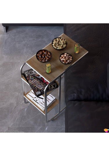 Modilayn C Yan Sehpa Dar Boy Tekerlekli Çalışma, Atıştırmalık, Yemek, Laptop Sehpası Meşe Ceviz