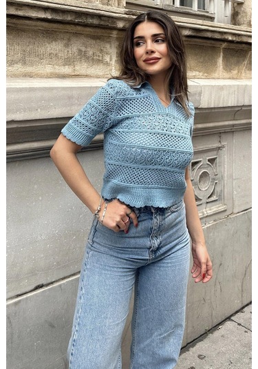 Kadın Mavi Ajurlu Merserize Triko Örme, Terletmez, Salaş Kalıp, Polo Yaka Bluz Mavi