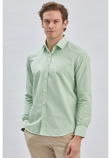 Erkek Uzun Kollu Bez Ayağı Sert Yaka Cepsiz Klasik Slim Fit Dar Kesim Gömlek 1004240230-açık Yeşil