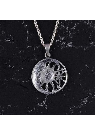 925 Ayar Gümüş Güneş Ve Ay Kolye - Göksel Kolye - El Yapımı Gümüş Takı Gümüş