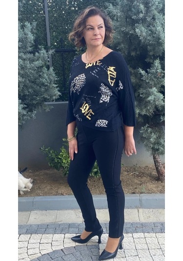 Kadın Siyah Punto Yanları Taş Detaylı Pantolon Siyah