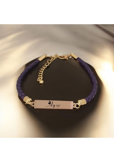 Archin Ayşe İsmine Özel Dikdörtgen Motifli Mor Derili 14 Ayar Altın Plakalı Hediye Bileklik-412isim Ayşe