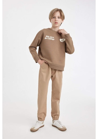 DeFacto Erkek Çocuk Beli Bağcıklı Lastikli Paça Cepli Basic Düz Jogger Gabardin Pantolon A9395A824WNBG219