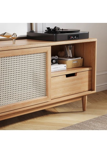 Ahşap Rattan Kapak Detaylı Modern Tv Ünitesi Natürel