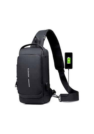 Arion Usb Şarj Portlu Ve Kilitli Omuz Ve Göğüs Çantası Siyah Siyah